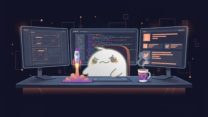 Watashi Games mascot at a developer desk with multiple screens