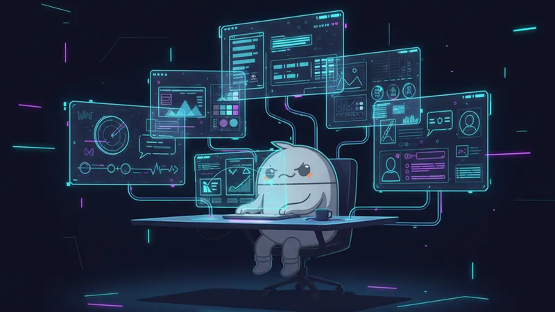 Watashi Games mascot at a futuristic AI tools workspace