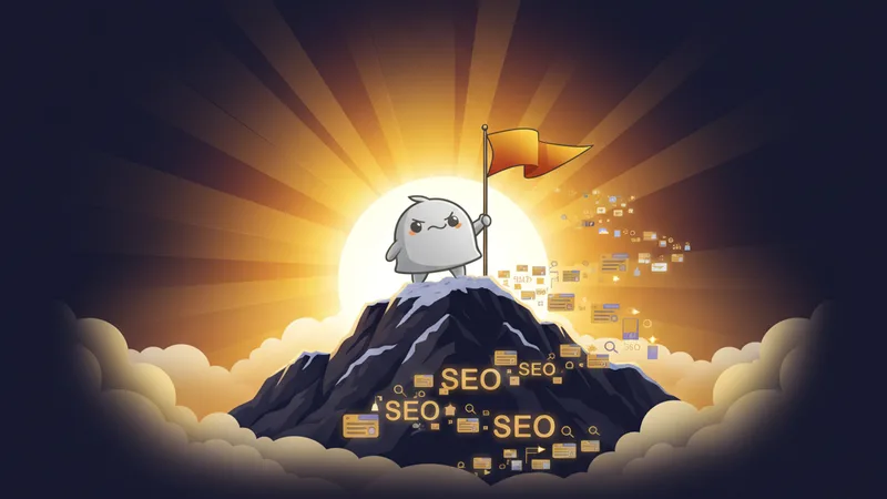 Watashi Games mascot planting victory flag on SEO summit