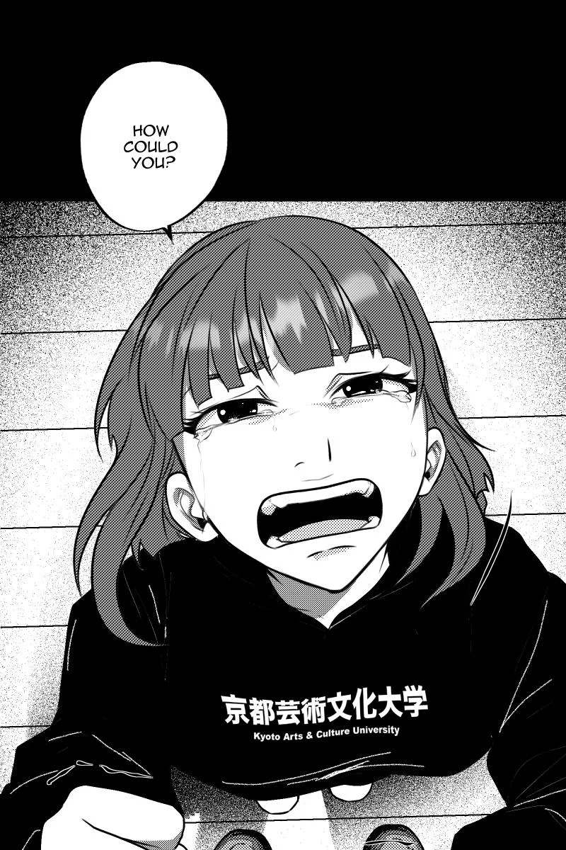 Original black and white manga panel — girl crying in hoodie