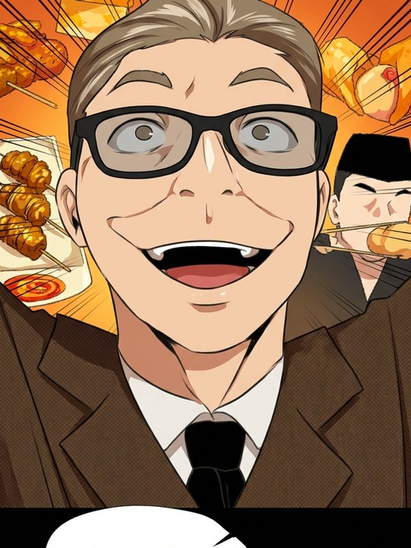Colorized manga panel — character with glasses laughing enthusiastically over yakitori skewers, warm golden food tones