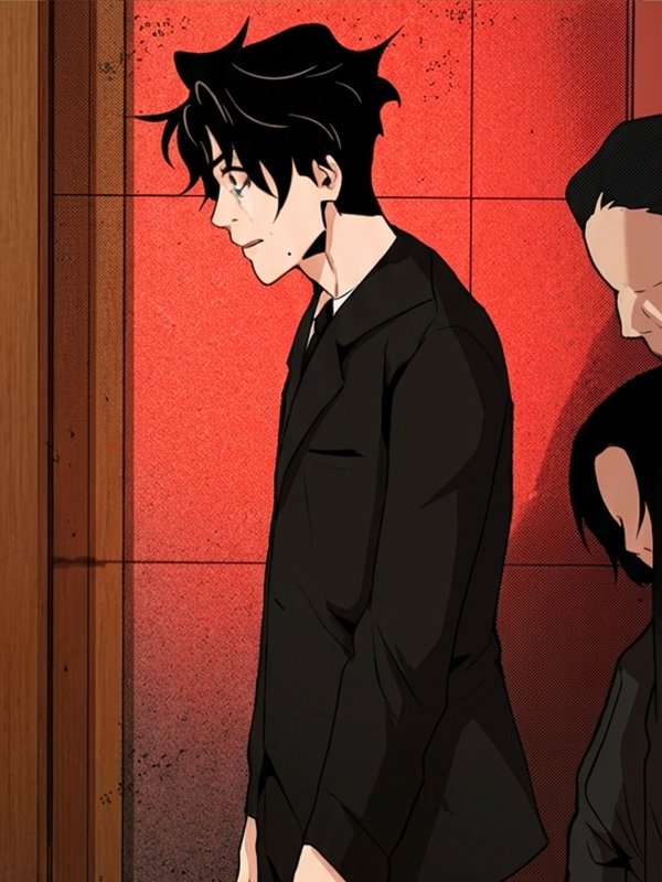 Colorized manga panel — dramatic close-up of character against vivid red background