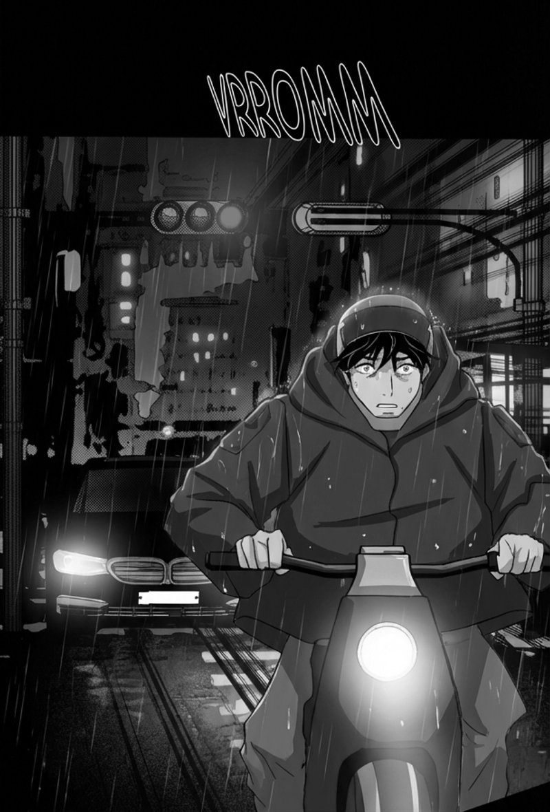 Original black and white manga panel — character riding a scooter through a rainy city at night