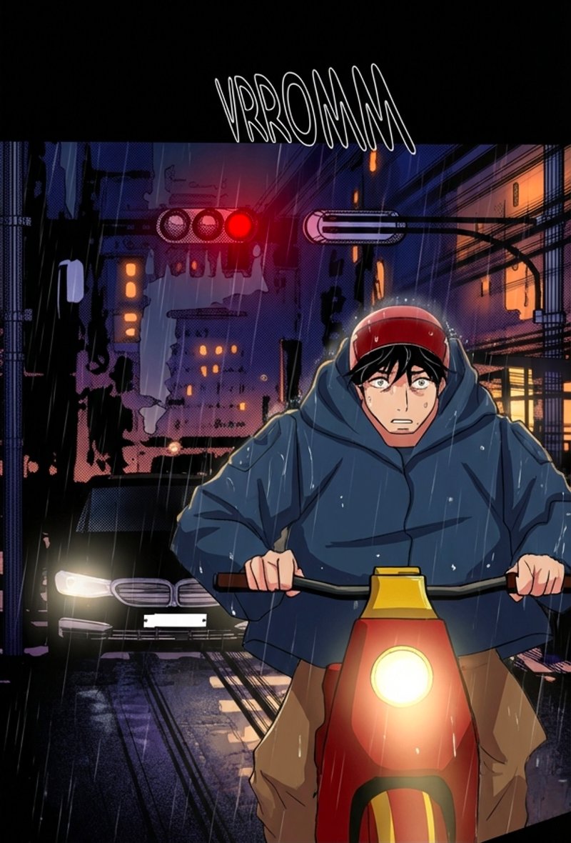 Colorized manga panel — character riding a scooter through a rainy city at night with warm street lights and glowing traffic signal